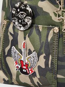 ROMWE Grunge Punk 1 pieza Mochila con cordón de gran capacidad y múltiples bolsillos, estilo versátil y casual, unisex, adecuada para ir al trabajo, socializar y hacer compras, con bordado de nota musical de camuflaje retro y parche de barra oscura - Verde medio - Ver 4