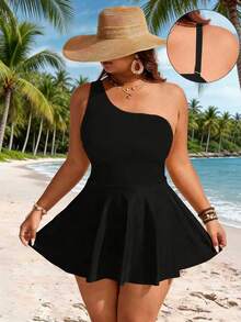 Swim Lushoire 大码女式两件套撞色单肩收腰及膝休闲沙滩连衣裙泳装 - 黑色 - 查看 1