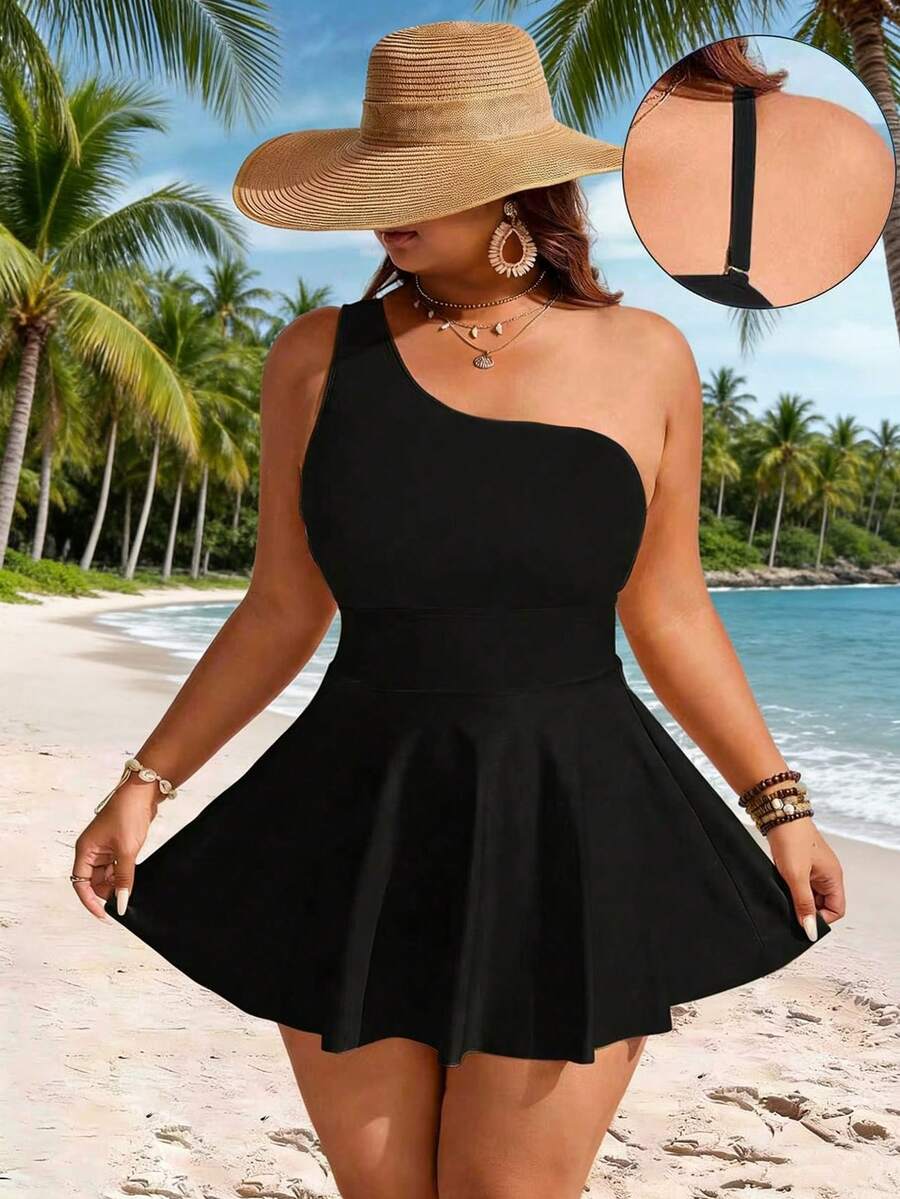 Swim Lushoire 大码女式两件套撞色单肩收腰及膝休闲沙滩连衣裙泳装 - 黑色 - 查看 1