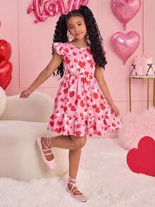 SHEIN Tween Girl Pink Summer Cute Birthday Y2K Heart Print Backless Bow Tie Chiffon Flutter Sleeve Dress,Valentine's Day Mother-Daughter Matching Vacation - Baby Pink - View 4