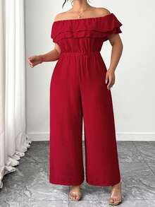 Elenzga Mono de verano de moda casual, elegante y retro francés, ideal para ir y venir del trabajo o de vacaciones, con volantes y hombros descubiertos, en color rojo - Rojo - Ver 7