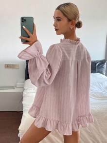 DAZY 条纹宽松长袖蕾丝边休闲度假夏季女式衬衫 - 粉色 - 查看 4