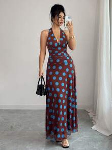 Elenzga Women's V-Neck Ruched Halter Dress, Fashionable French Polka Dot Long Vacation Dress - Brown - View 5