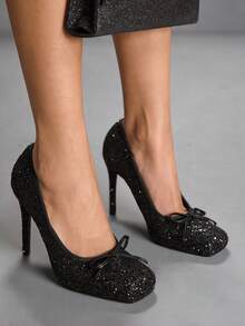 CUCCOO SZL 黑色亮片芭蕾舞高跟鞋，适合日常穿着、派对和约会。 - 黑色 - 查看 1