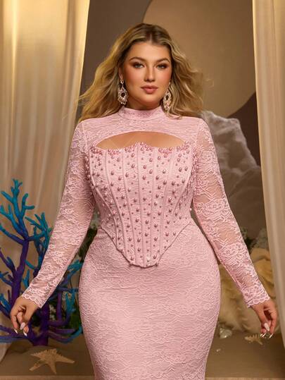 Glamrae Đầm dạ hội dáng đuôi cá sang trọng, thanh lịch, chất liệu ren co giãn, trễ vai, không dây vai, tay áo voan mỏng, đính ngọc trai giả và đá quý cao cấp, phù hợp cho đám cưới, sự kiện, tiệc tùng, dạ hội và các dịp trang trọng.