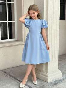 SHEIN 少女三层荷叶边侧边抽绳腰身A字短袖连衣裙 - 藍色 - 查看 4