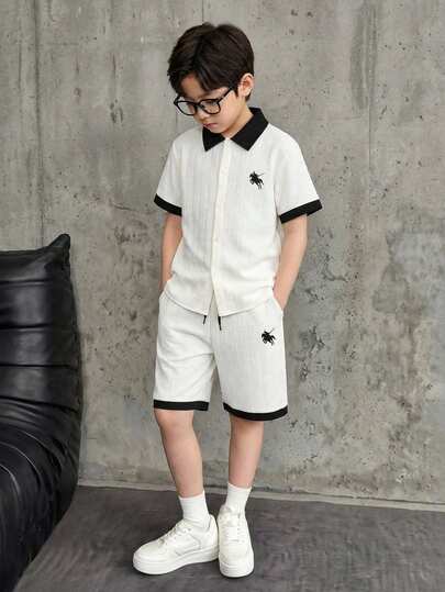 2pcs/Set Tween Boys' Textured Fabric Shirt & Shorts Set, Soft & Comfortable, Suitable For Outings, Photo Shoots, Sports, Versatile Fashion, Must-Have Summer Outfit For Tween Boys