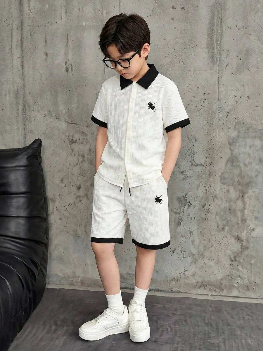 Genkimix Kids 2件套男童纹理面料衬衫短裤套装，柔软舒适，适合外出、拍照、运动等场合，百搭时尚，是男童夏季必备单品。
