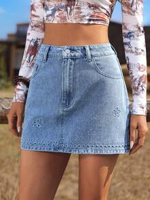 Breezaya Women's Casual Versatile Date/Travel Denim Mini Skirt With Floral Embroidery And Pockets - Blue - View 3