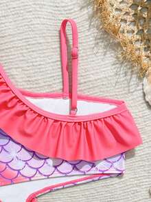 SHEIN 女童鱼鳞印花蝴蝶结荷叶边连体泳衣，适合游泳、夏季度假、海滩和海边穿着。 - 玫紅色 - 查看 6