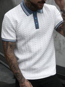 Manfinity Homme 男士经典领拼接针织 Polo 衫，商务休闲上衣，柔软亲肤面料，撞色简约设计，时尚通勤百搭上衣，可作为男士生日礼物 - 白色 - 查看 4