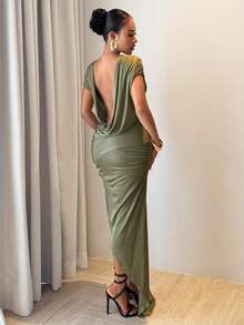 Slaydiva New Early Spring, Spring And Summer Music Festival, Valentine's Day, Easter, Bohemian Style, Nomadic Style, Casual And Simple Basic Style, Cruise Party, Birthday Party, Daily Date, Casual Vacation, Elegant Commuting, One-Shoulder Collar, Sleeve, Revealing Back, Flared Collar, Pleated Design, High Slit At The Side And Back Reaching The Thigh, Slimming Dress, Military Green Dress, Women's Extra-Long Dress -A - Army Green - View 10