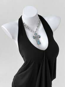 Sunspun Plus Size Women V-Neck Halter Tie Loose Backless Pleated Casual Versatile Daily Wear Top - Black - View 5