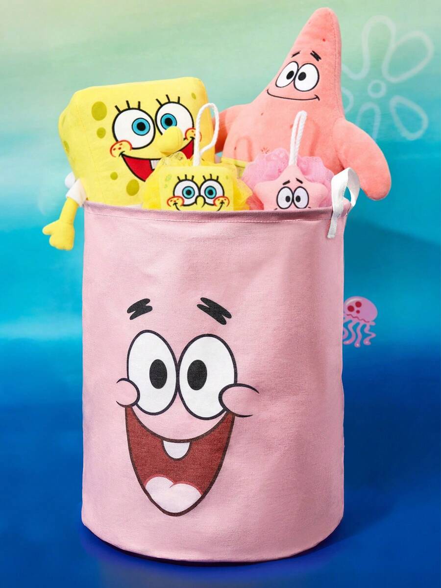 SpongeBob SquarePants | SHEIN 1pc Cartoon Pattern Storage Basket, Linen Material, High-Definition Printing, Can Store Various Items Such As Clothes And Toys - Dusty Pink - View 1