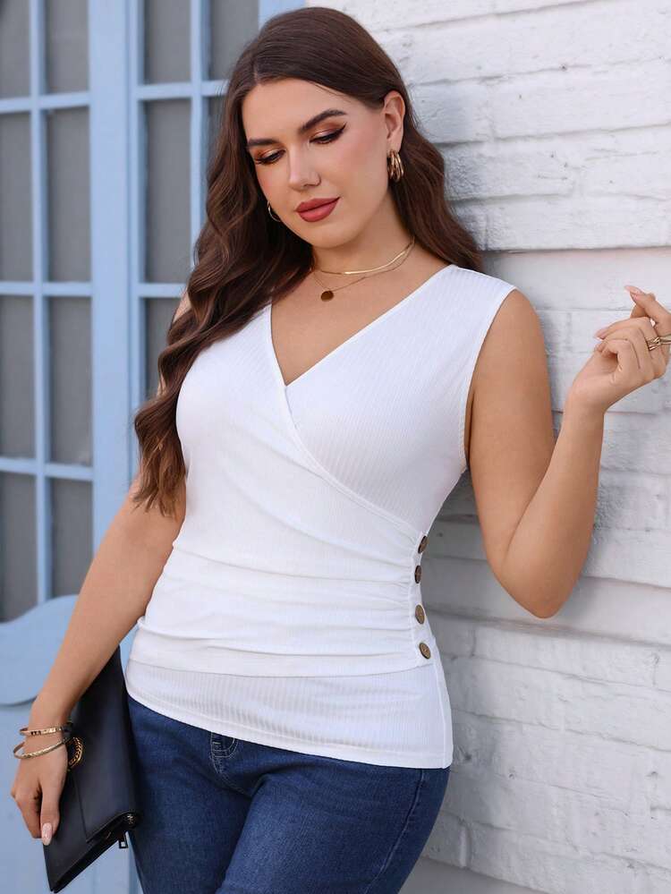 Plus Size Women V-Neck Sleeveless T-Shirt With Pleated Button Detail,Summer Outfit For Women,Spring Dress Women ,Casual Blouse For Women,Vacation Outfits Women,Work Outfits For Women ,White Top,Going Out Tops White Sleeveless Top Ribbed Tops For Women White Top Women Wrap Top Ribbed White Top Casual Ribbed Tops For Women Elegant Ribbed Tops For Women Sexy Ribbed Tops For Women White Tops For Women Tops For Women Casual Women's White Top Women's Vest Tops