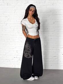 StreetHx Women's Button Pocket Dragon Print Casual Versatile Low-Waist Jeans For Daily Wear - Black - View 5