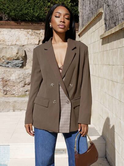 Yess Loren 女士休闲通勤双层翻领格子拼接西装外套秋季女士服装保暖