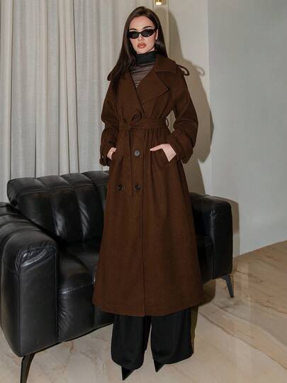 Bris Aura 女士勃艮第色长袖简约前扣长款夹克，休闲日常穿着复古勃艮第长款羊毛大衣，冬季保暖加厚镂空服装感恩节女装万圣节女装冬季长款女装大衣圣诞女装风衣女大衣秋季女装