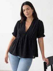 Plus Size Women Frill Short Sleeve Loose Casual Blouse For Summer - Black - View 1