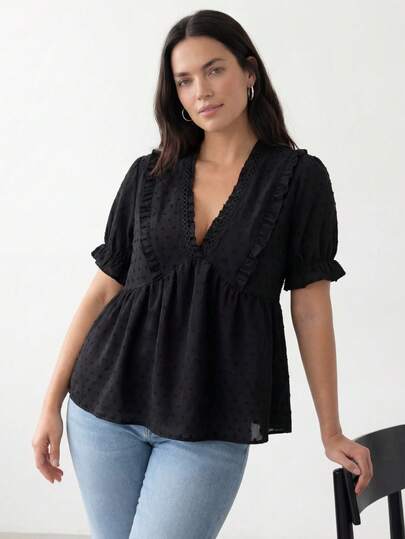 Juhart Plus Size Women Frill Short Sleeve Loose Casual Blouse For Summer