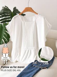 CosyJoli 大码夏季休闲纯色蕾丝边衬衫 - 白色 - 查看 3