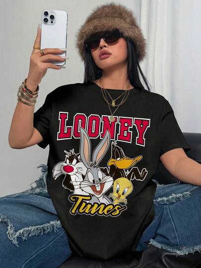 LOONEY TUNES X SHEIN 大码女式圆领短袖休闲T恤