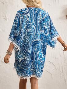 Breezaya 2026春夏度假休闲波西米亚风宽松直筒A字V领蝙蝠袖连衣裙，白色绒球下摆，女款 - 藍色 - 查看 3