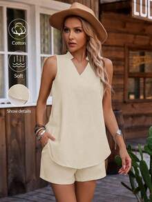 EMERY ROSE 女士度假休闲纯色背心短裤两件套 - 杏色 - 查看 5