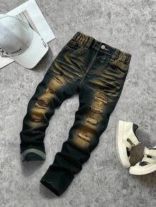 SHEIN Quần jeans skinny denim màu xanh đậm, chất liệu co giãn cao, phong cách đường phố vintage mùa thu đông dành cho bé trai. Sản phẩm mới, thích hợp cho mùa tựu trường, thời trang đường phố cho trẻ em và bé trai, quần jeans rách cho bé trai, quần jeans ống rộng cho bé trai, quần jeans cá tính cho bé trai. - Rửa tối - Xem 1