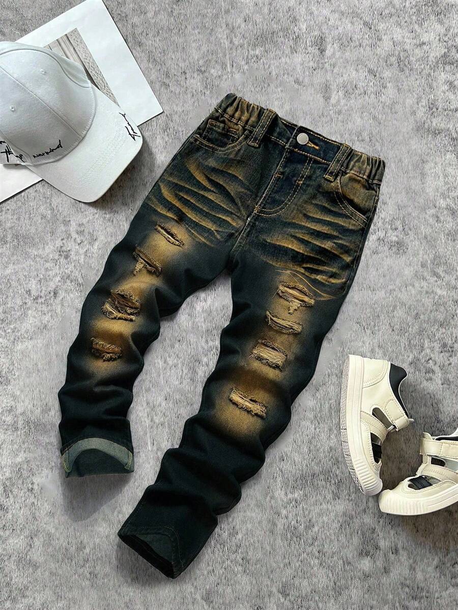 SHEIN Quần jeans skinny denim màu xanh đậm, chất liệu co giãn cao, phong cách đường phố vintage mùa thu đông dành cho bé trai. Sản phẩm mới, thích hợp cho mùa tựu trường, thời trang đường phố cho trẻ em và bé trai, quần jeans rách cho bé trai, quần jeans ống rộng cho bé trai, quần jeans cá tính cho bé trai. - Rửa tối - Xem 1