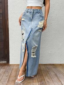Sunnyshic Chân váy maxi denim xẻ tà phía trước, kiểu dáng thường ngày, chất liệu denim bạc màu, rách nhẹ dành cho nữ. - Rửa nhẹ - Xem 1