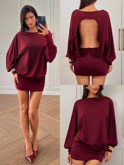 Aloruh Vestido largo de manga larga con espalda descubierta y efecto murciélago, color rojo vino, nuevo para otoño/invierno. Vestido mini sexy para Navidad