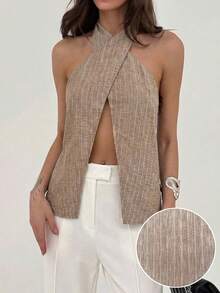 Aloruh 女士性感露背挂脖条纹上衣，夏季度假海滩简约办公风，卡其色浅色条纹交叉上衣 - 杏色 - 查看 2