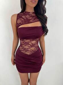 Aloruh Đầm ngắn ren phối màu thanh lịch thường ngày dành cho nữ, màu đỏ rượu vang, kiểu dáng gợi cảm sang trọng. - Màu Hoa hồng đỏ - Xem 3