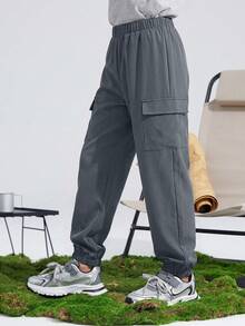 SHEIN 青少年男童休闲纯色工装裤 - 灰色 - 查看 3