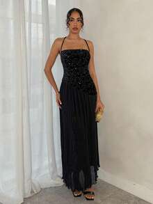 SHEIN Glamour 亮片拼接雪纺褶皱派对鸡尾酒礼服 - 黑色 - 查看 4