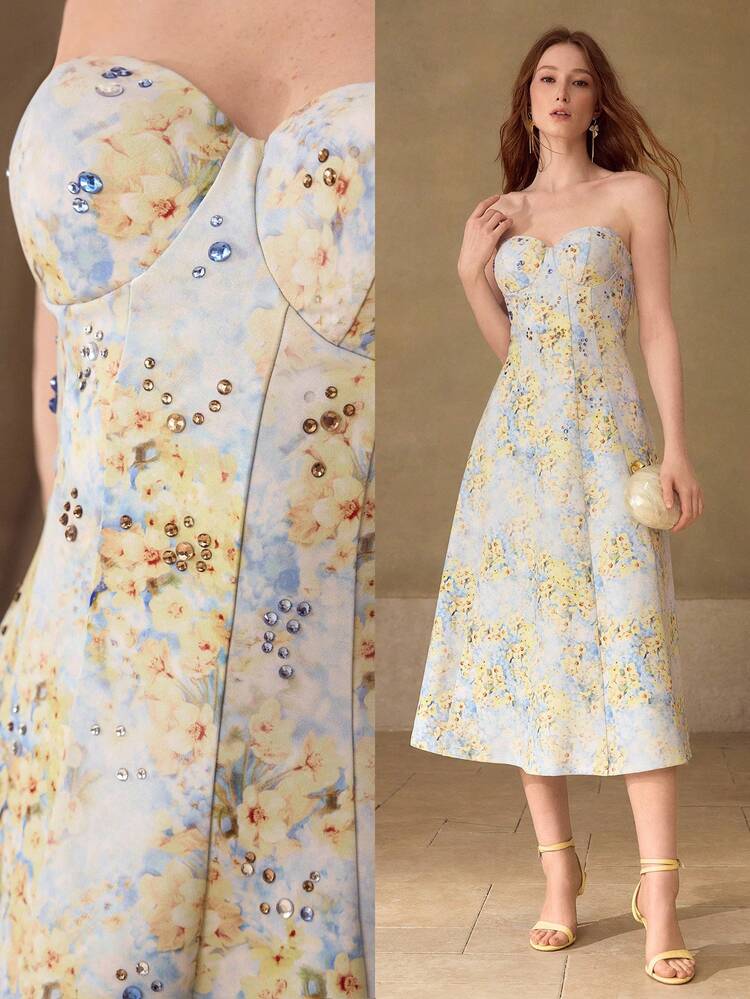 WOMEN'S RHINESTONE EMBELLISHED PRINTED SLEEVELESS A-LINE MIDI DRESS, SPRING/SUMMER