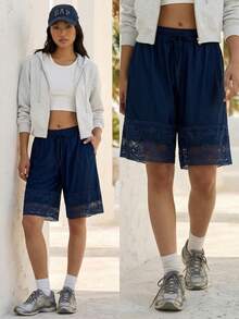 Fluxe Pantaloncini larghi da donna con coulisse in vita e pizzo a contrasto - Blu Navy - Visualizzare 2