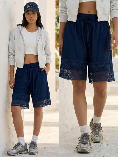 Fluxe Women's Solid Color Waist Tie Contrast Lace Loose Shorts