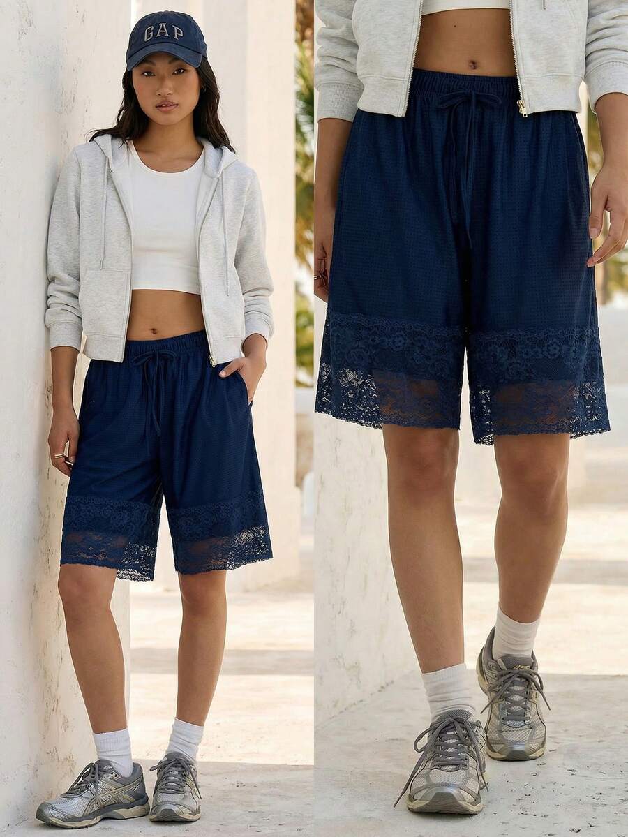 Fluxe Women's Solid Color Waist Tie Contrast Lace Loose Shorts - Navy Blue - View 1