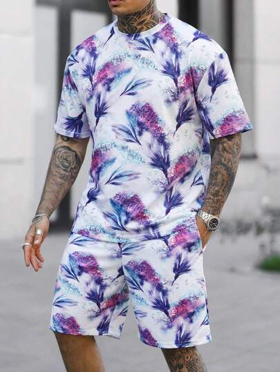 Manfinity Homme 男士印花短袖T恤和口袋短裤休闲套装