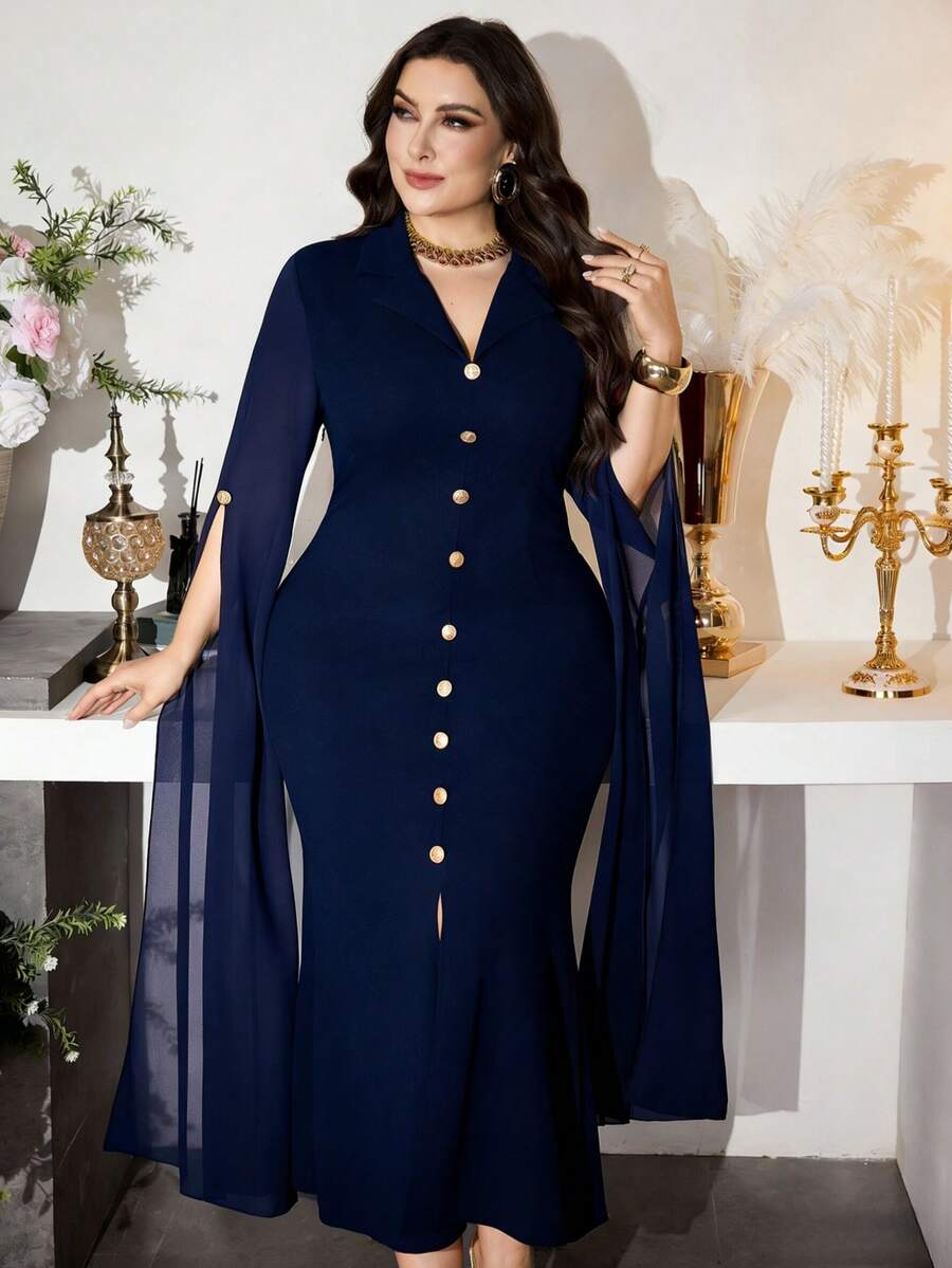 Modelyn Plus Size Women's Wine Red Blazer Collar Dress, Single-Breasted Gold Button Sheer Chiffon Sleeve Cinched Waist Vintage Elegant Dress, Autumn/Spring - Navy Blue - View 1
