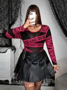 Whyspr Áo thun punk mỏng xuyên thấu kẻ sọc bất đối xứng cỡ lớn - Màu Hồng Tươi - Xem 5