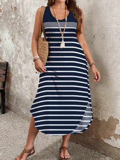 EMERY ROSE فستان كاجوال للقياسات الكبيرة أكمام بلا أكمام مقسوم الذيل، فستان صيفي طويل للنساء