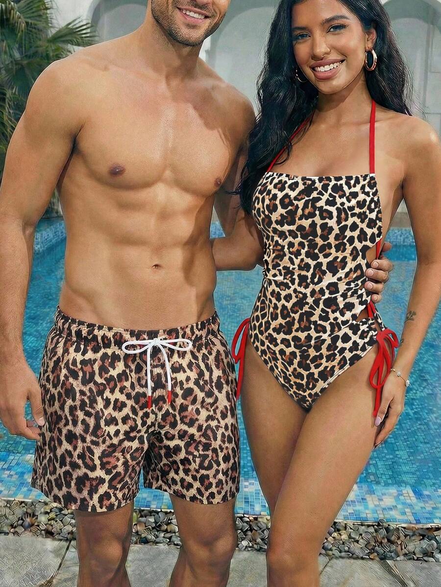 Horizaway 男士夏季度假豹纹抽绳腰带沙滩短裤 - 棕色 - 查看 1