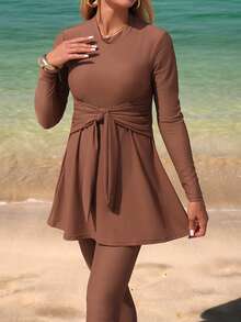 Swim Shayni 2026 Summer NEW Women's Summer Solid Brown 2pcs/Set Long Sleeve Cinching Waist Burkini Beach Vacation, Pool Party, Beach PartyBeach Outfits, Music Festival Outfits, Vacation Outfits, Seaside Dates, Holiday Outfits, Sexy, Elegant, Casual Outfits, Beach Party Outfits, Pool Party Outfits - Brown - View 4