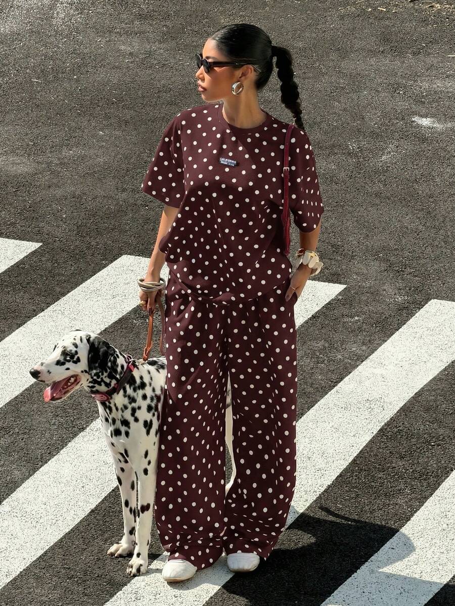 Muchica 女士休闲棕色波点宽松T恤和阔腿裤套装，适合外出、街头风、Y2K时尚、春夏穿着，阔腿裤套装 - 咖啡棕 - 查看 1