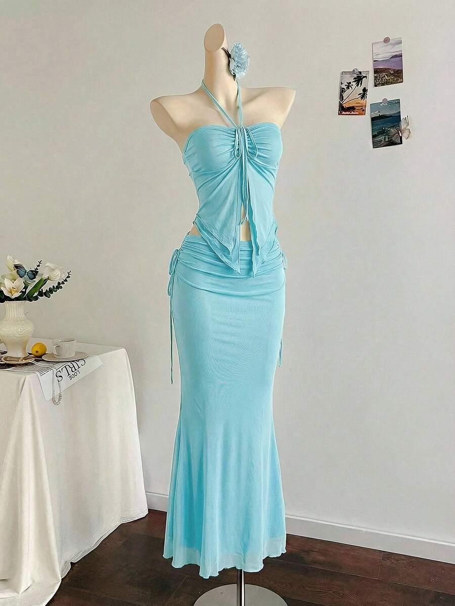 Soleia 新款度假西部海滩婚礼宾客礼服，毕业早午餐，圣帕特里克节，春假，复活节，音乐节优雅波西米亚热带风情无肩带无袖蓝色网纱荷叶边两件套 - 薄荷藍 - 查看 1