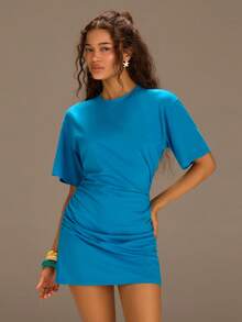 Athîral Women's Casual Blue Ruched Waist Mini Dress, Summer - Blue - View 5