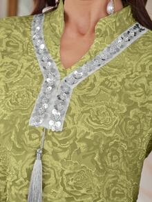 Al Najma Sequin Ribbon Tassel Jacquard Weave Dress - Green - View 3